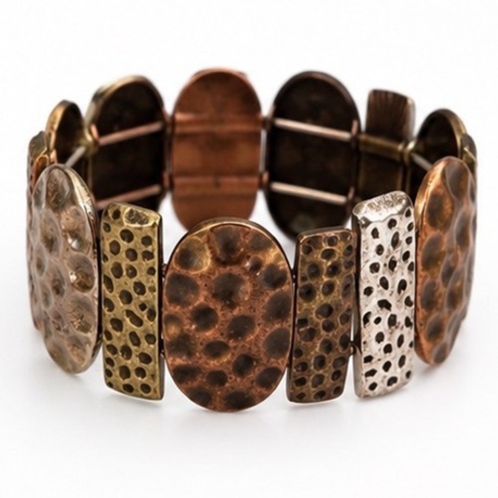 Mixed Metal Hammered Stretch Bracelet Copper Brass Silver Tone Chunky Boho Cuff